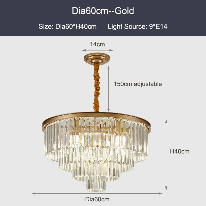 Modern black and gold crystal ceiling chandelier with clear prisms nine e14 lights and adjustable 150cm chain