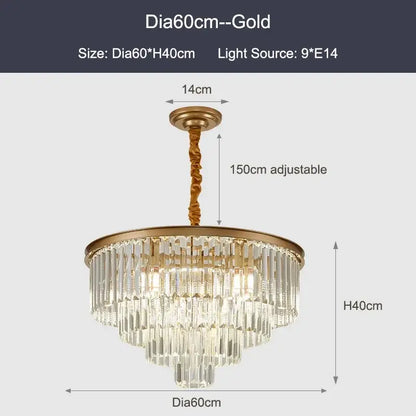 Modern black and gold crystal ceiling chandelier with clear prisms nine e14 lights and adjustable 150cm chain