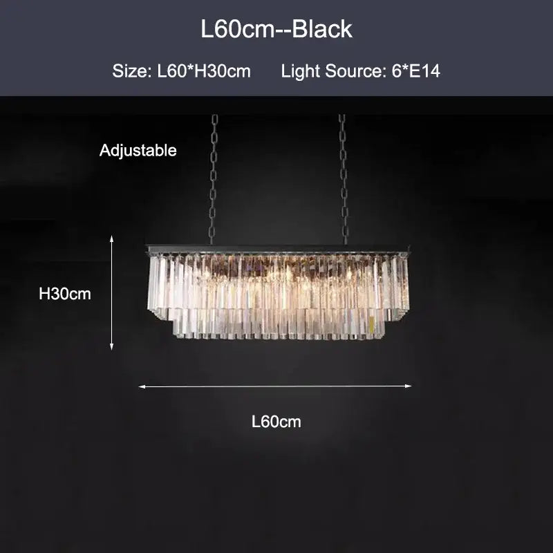 Modern black and gold crystal ceiling chandelier with cascading clear crystal rods and adjustable chains for living room use