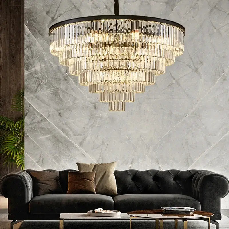 Modern black and gold crystal ceiling chandelier with a black metal frame and cascading clear glass rods for living room light