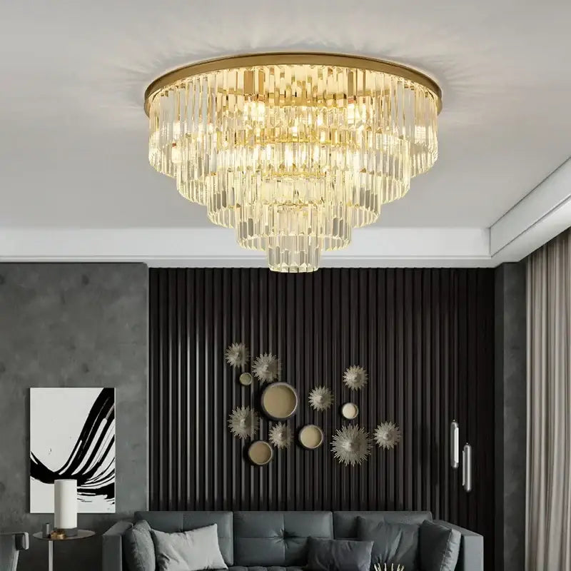 Modern black and gold crystal ceiling chandelier with cascading crystal prisms for elegant living room lighting