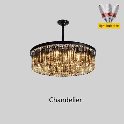 Modern black and gold crystal chandelier pendant light with metal finish featuring cascading golden crystal prisms and multiple light sources