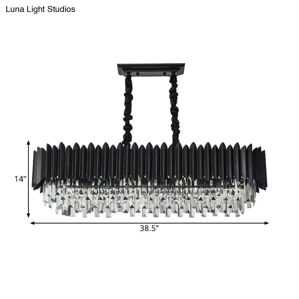 Modern black rectangular chandelier with faceted crystal droplets and twisted metal chains for dining room lighting