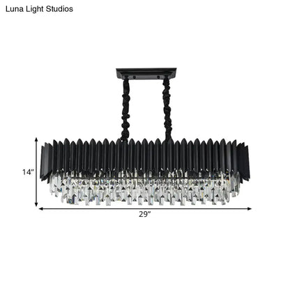 Modern black and clear crystal chandelier with an elongated rectangular design for dining room lighting