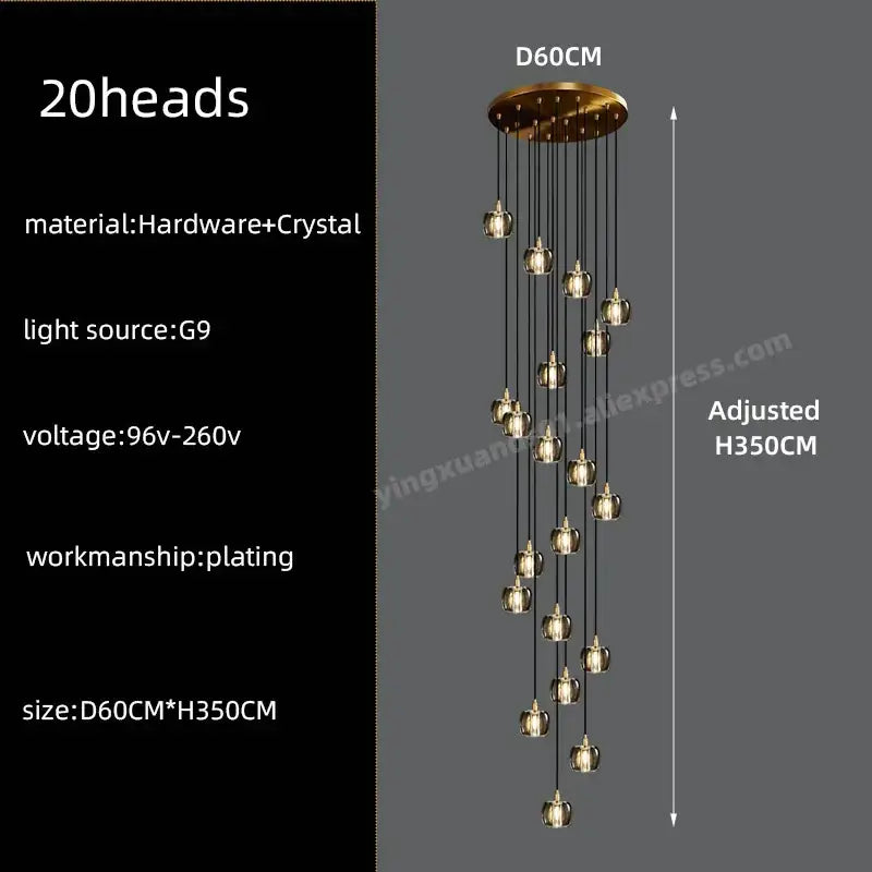 Modern black and gold crystal chandelier pendant light with 20 gold-plated crystal led lights for staircase lighting