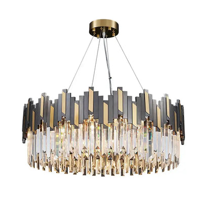 Modern black and gold crystal led chandelier with circular frame and cascading prisms for living room lighting