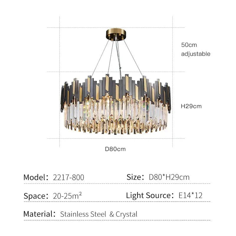 Modern black and gold crystal led chandelier with stainless steel bars and clear prisms for living room lighting