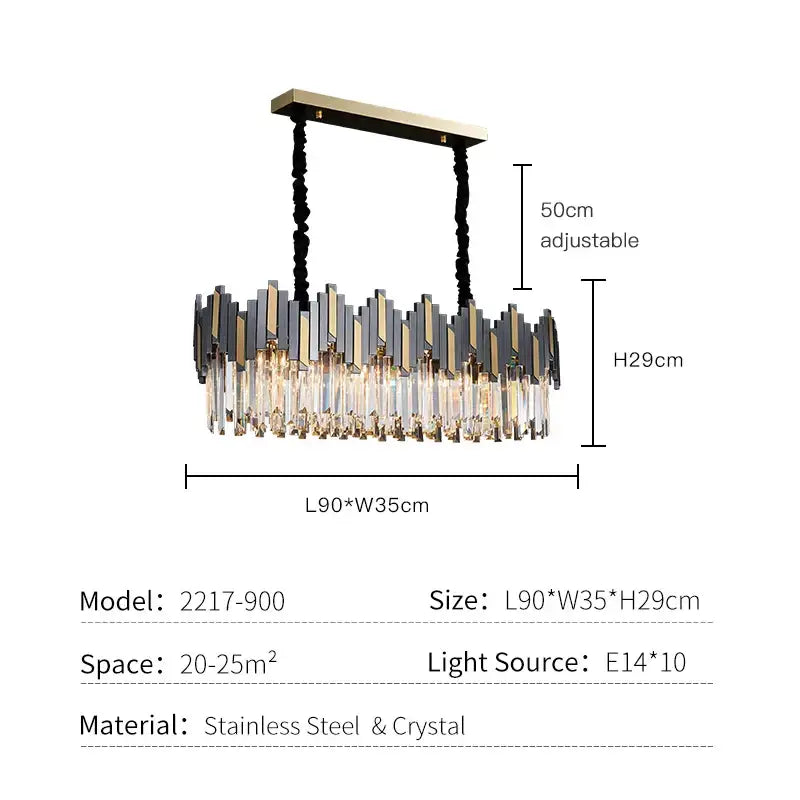 Modern black and gold crystal led chandelier with stainless steel bars and cascading clear crystal prisms for living room lighting