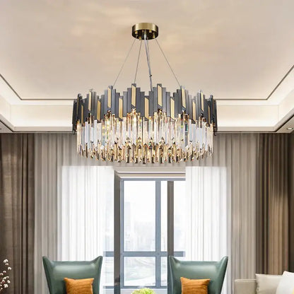 Modern black and gold crystal led chandelier with circular frame and cascading clear crystal prisms for living room lighting