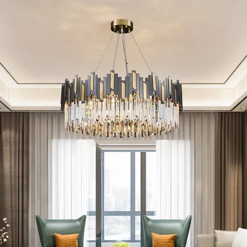 Modern black and gold crystal led chandelier with circular frame and cascading clear crystal prisms for living room lighting