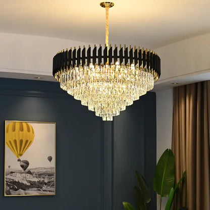Modern black and gold crystal led pendant chandelier with black frame and cascading clear prisms for dining room decorbites crystal led