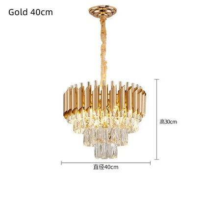 Modern black and gold crystal led pendant chandelier with gold-finished tiered metallic arms and cascading crystal droplets