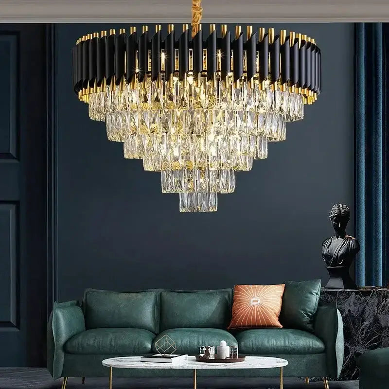 Modern black and gold crystal led pendant chandelier with cascading crystal droplets for elegant living room decorbites crystal led