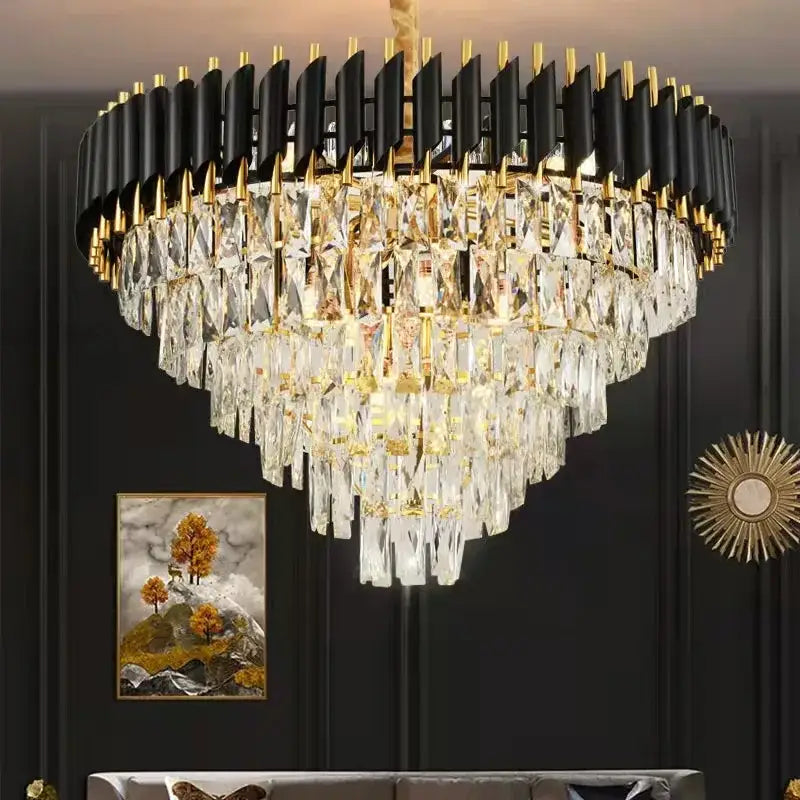 Modern black and gold crystal led pendant light with cascading clear prisms for dining room decorbites pendant light