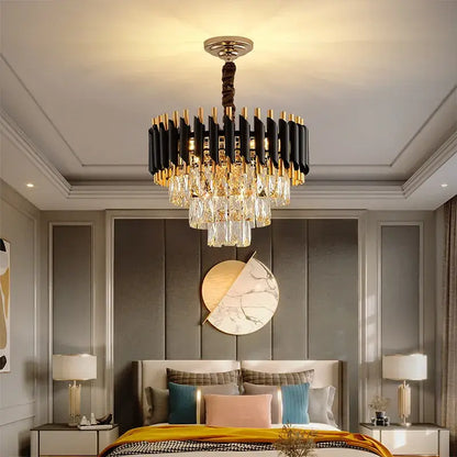 Modern black and gold crystal led pendant light with twisted bronze stem and crystal droplets for dining room decorbites crystal led