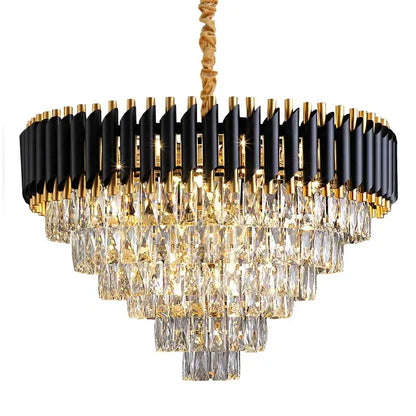 Modern black and gold crystal led pendant light with tiered design and cascading crystal droplets for dining room decorbites crystal led