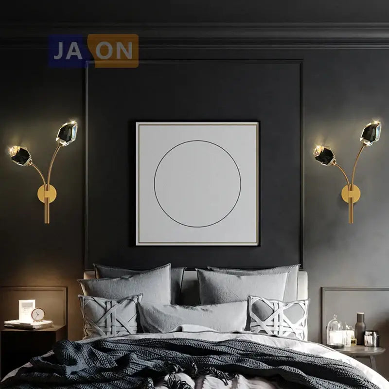 Gold-toned modern black and gold crystal led wall sconce with faceted black crystal accents for bedroom decorbites crystal led lighting