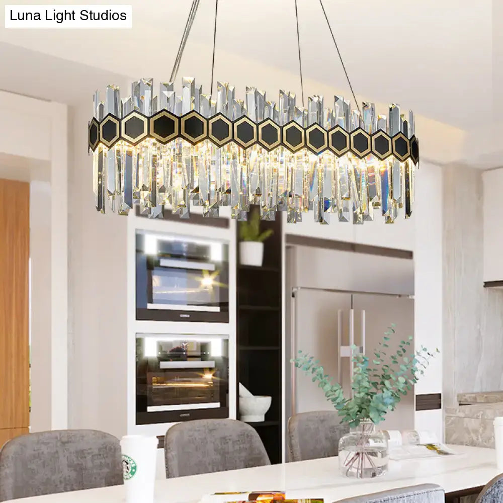 Modern black oval chandelier with gold hexagonal accents and clear crystal prisms for dining room ceiling light 220v-240v