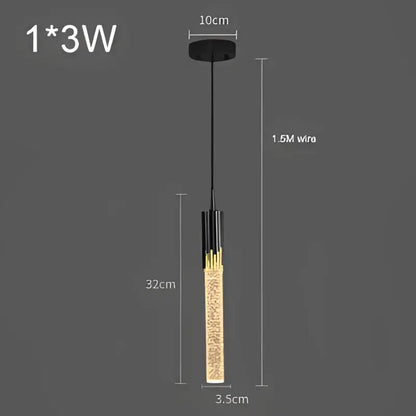 Modern black and gold crystal rod pendant light with cylindrical glass body filled with sparkling beads for dining room