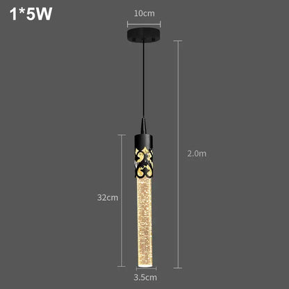 Modern black and gold crystal rod pendant light with glowing textured glass body for dining room illumination