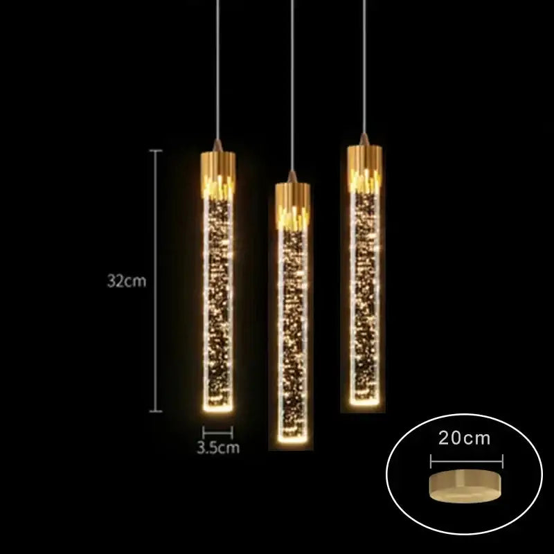 Three elegant gold-toned crystal rod pendant lights with sparkling leds for modern black and gold dining room lighting