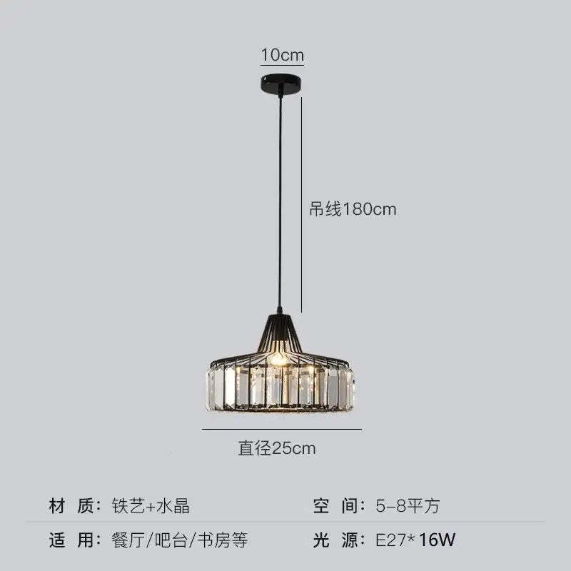 Modern black iron pendant light with clear crystal accents and 25cm diameter for dining room illumination