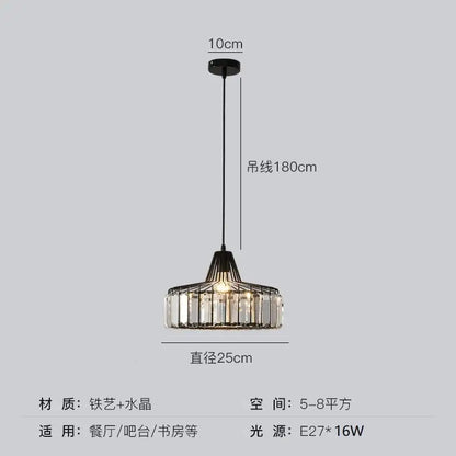 Modern black iron pendant light with clear crystal accents and 25cm diameter for dining room illumination
