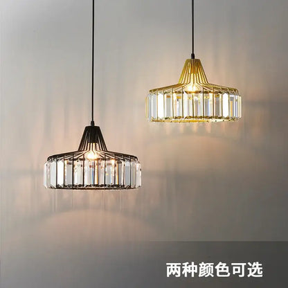 Modern black iron and gold crystal round pendant light with clear rectangular panels for dining room illumination