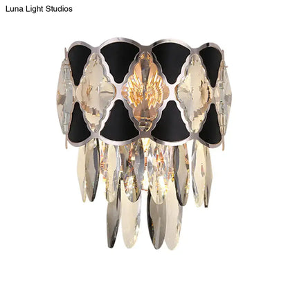 Modern black and silver crystal wall lamp fixture with metallic frame and cascading clear crystal accents for living room