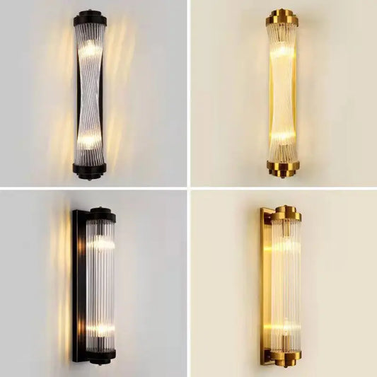 Modern black and gold crystal wall lamp with vertical glass prisms for bedroom and living room use