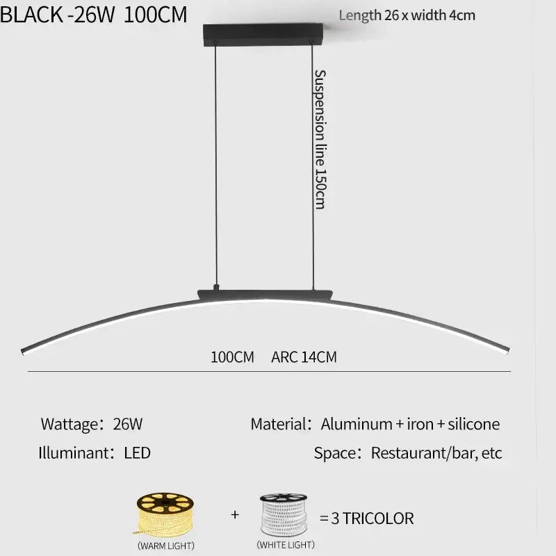 Modern black and gold curved bridge pendant light with sleek aluminum and iron frame for dining table lighting