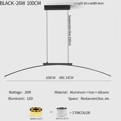 Modern black and gold curved bridge pendant light with sleek aluminum and iron frame for dining table lighting