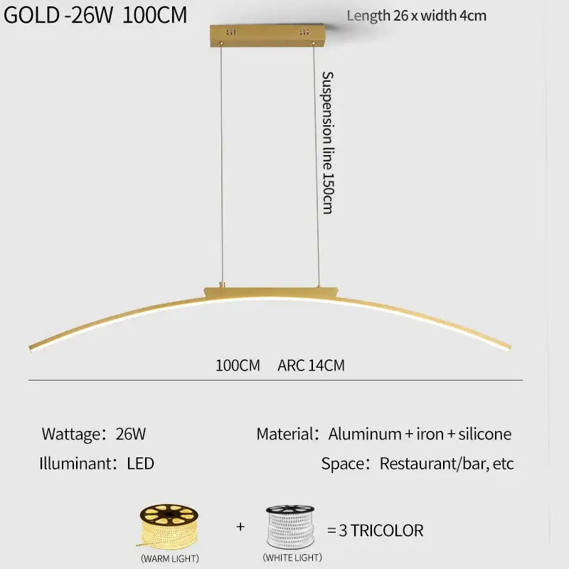 Modern black and gold curved bridge pendant light fixture with aluminum iron and silicone for dining table lighting