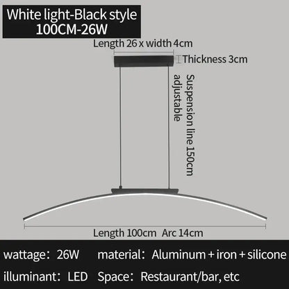 Modern black and gold curved bridge pendant light with white and black aluminum, iron, and silicone for dining table