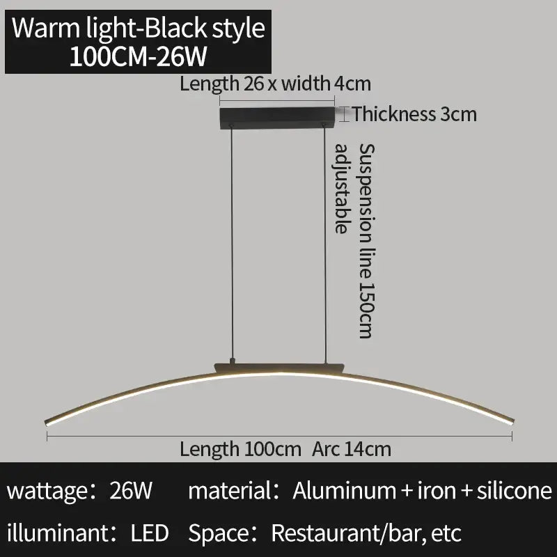 Modern black and gold curved bridge pendant light with aluminum and iron frame illuminating dining table warmly