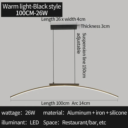 Modern black and gold curved bridge pendant light with aluminum and iron frame illuminating dining table warmly