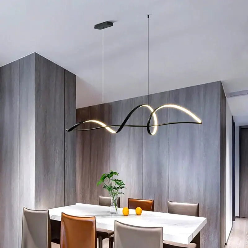 Modern black and gold curved pendant light with sleek design and dimmable versions for dining room color temperature control