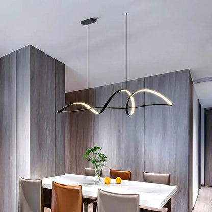Modern black and gold curved pendant light with sleek design and dimmable versions for dining room color temperature control