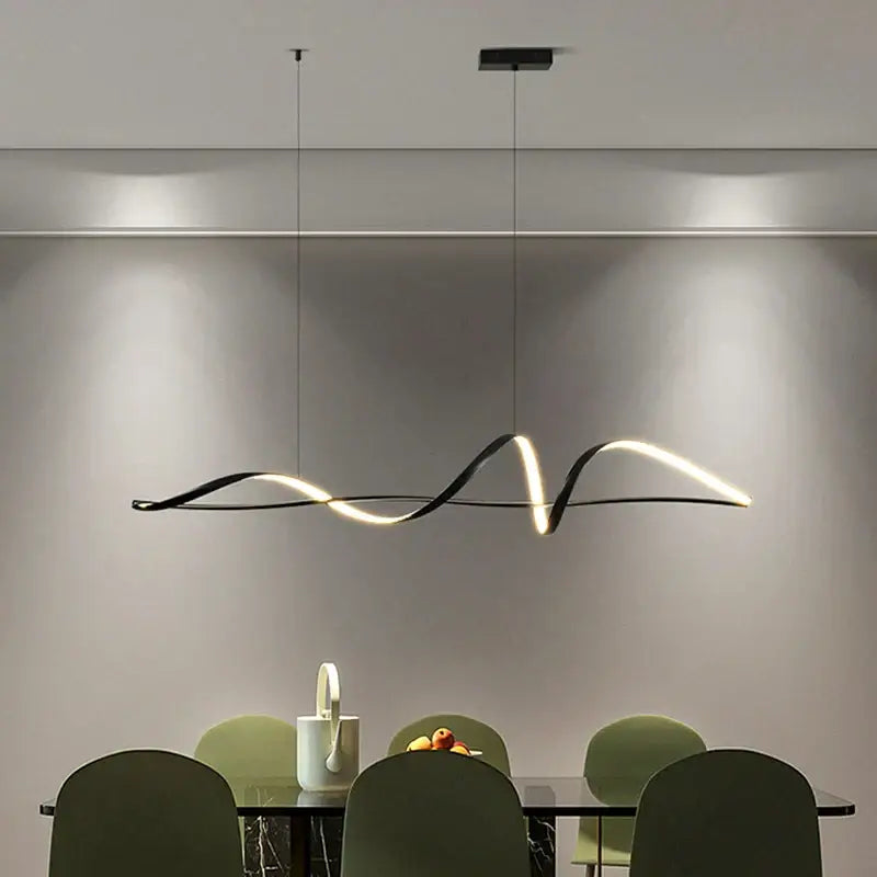 Modern black and white pendant light with a sleek wave-like design featuring dimmable versions and adjustable color temperature