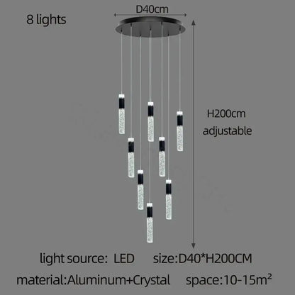 Modern black and clear crystal decorbites cylindrical crystal chandelier with eight adjustable led lights for living room decor