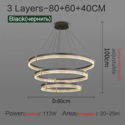Modern black and gold decorbites circle chandelier with three-tiered adjustable led rings for dining room lighting