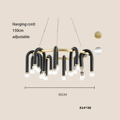 Modern black and gold dimmable led chandelier with 20 exposed e14 bulbs in decorbites black aluminum tube design