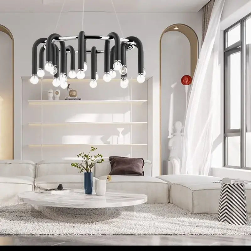 Modern black gold dimmable led chandelier with black aluminum curved arms and tube dimmable led bulbs for living room decor