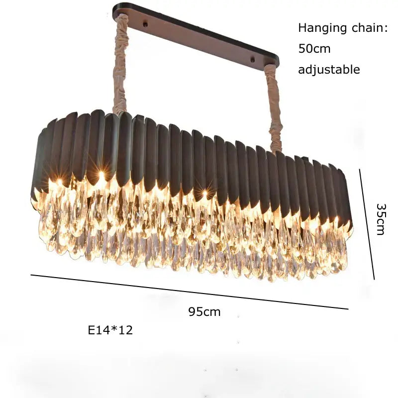 A modern dimmable led round ceiling chandelier with dark bronze frame and decorbites crystal droplets for dining room