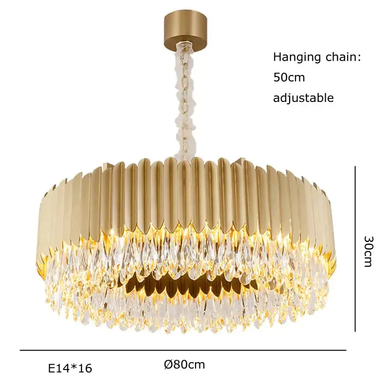 Modern black and gold dimmable led round ceiling chandeliers with gold-toned fluted frame and decorbites crystal droplets