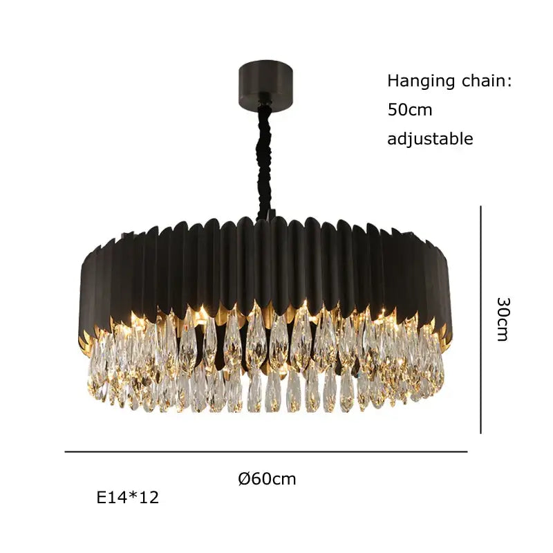 Black metal dimmable led round ceiling chandelier with circular frame and decorbites crystal droplets for dining room decor