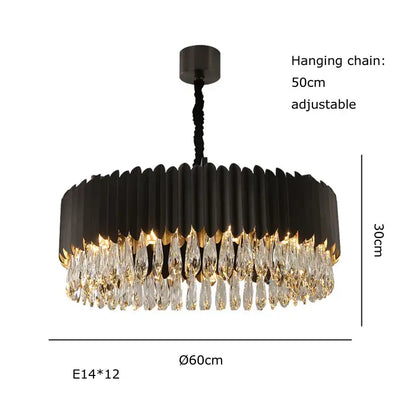 Black metal dimmable led round ceiling chandelier with circular frame and decorbites crystal droplets for dining room decor