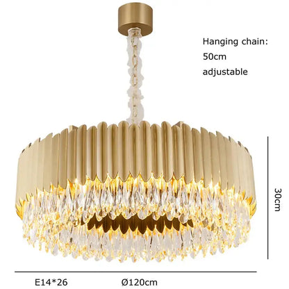 Gold-toned decorbites crystal ceiling chandeliers with a circular fluted frame and dimmable led round droplets for dining room decor
