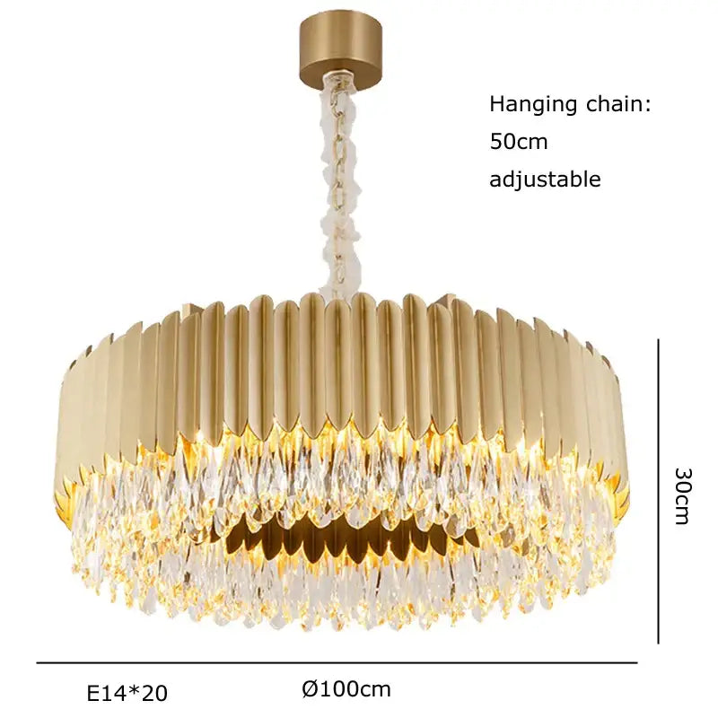 Gold-toned decorbites crystal ceiling chandeliers with a circular fluted frame and dimmable led round design for dining rooms
