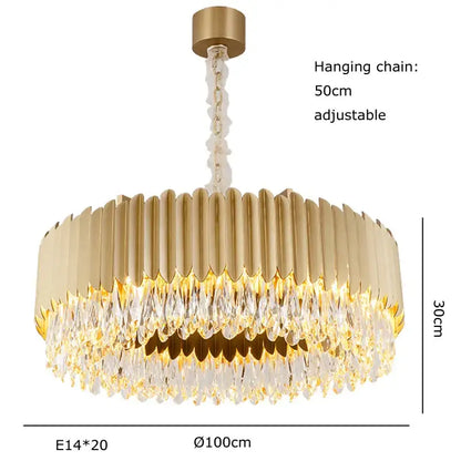 Gold-toned decorbites crystal ceiling chandeliers with a circular fluted frame and dimmable led round design for dining rooms